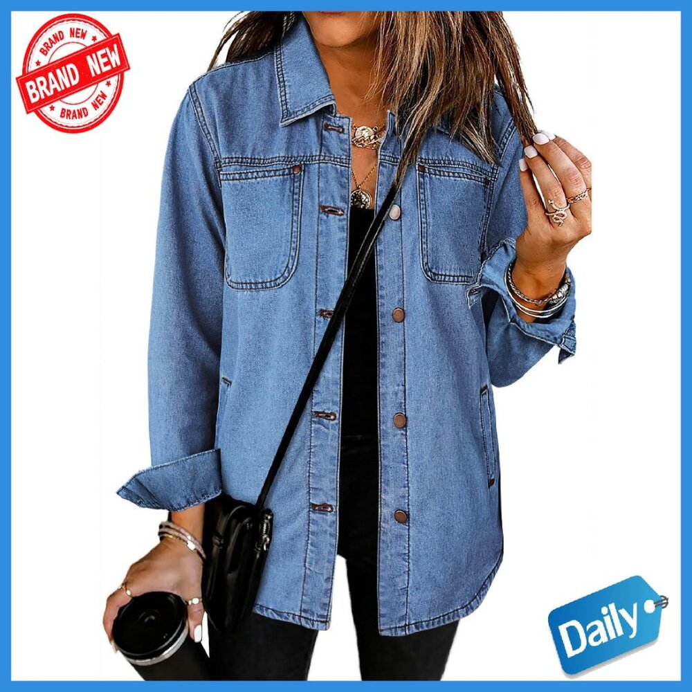 Denim Shacket Button Down Jacket with Pockets Rel… - image 1